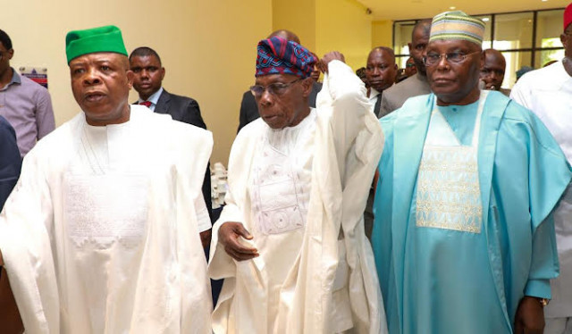 Former Governor of Imo State, Emeka Ihedioha (left); former President, Olusegun Obasanjo; and former Vice President, Atiku Abubakar, during a colloquium to mark Ihedioha’s 60th birthday in Abuja.